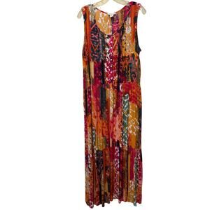 Coldwater Creek Boho Maxi Dress Ikat Patchwork Viscose M Pockets Button Closure